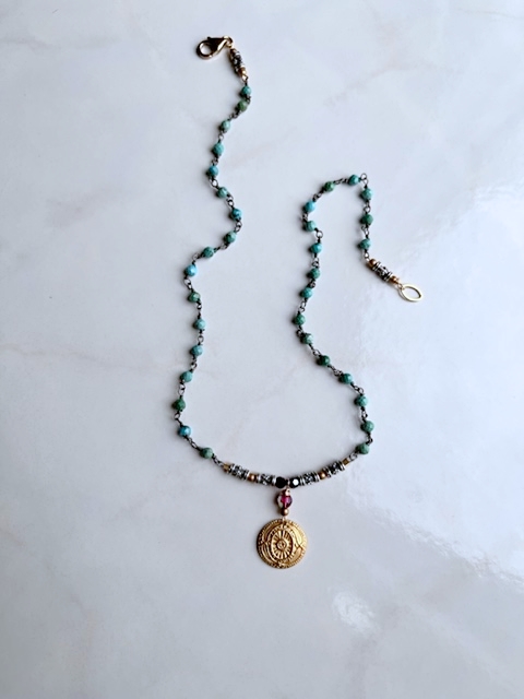 Austrian Crystal, Gold Medallion, Sterling, Turquoise Necklace